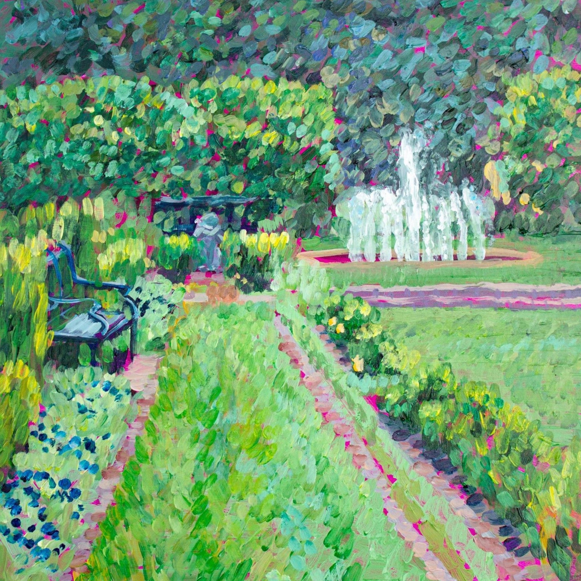 Painting of Houston's Bayou Bend garden with a fountain and bench