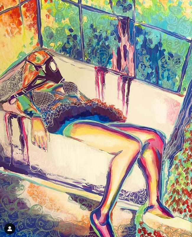 Girl in Bathtub - Colorful painting of a girl passed out in a bathtub, Acrylic