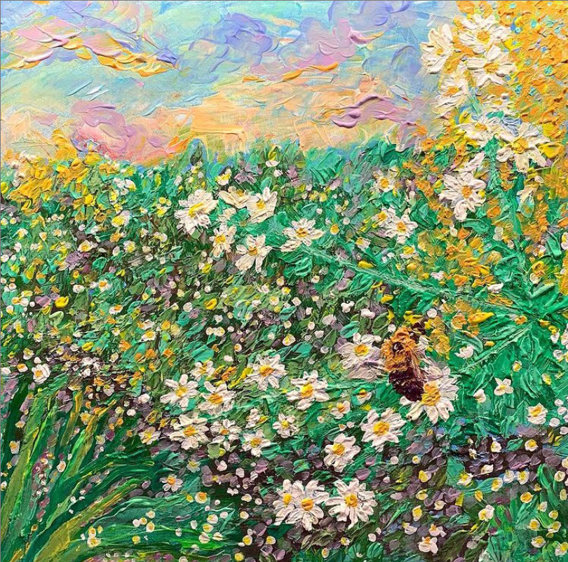 Whats the buzz? - Heavily textured impasto painting of a bee in a field of flowers., Acrylic