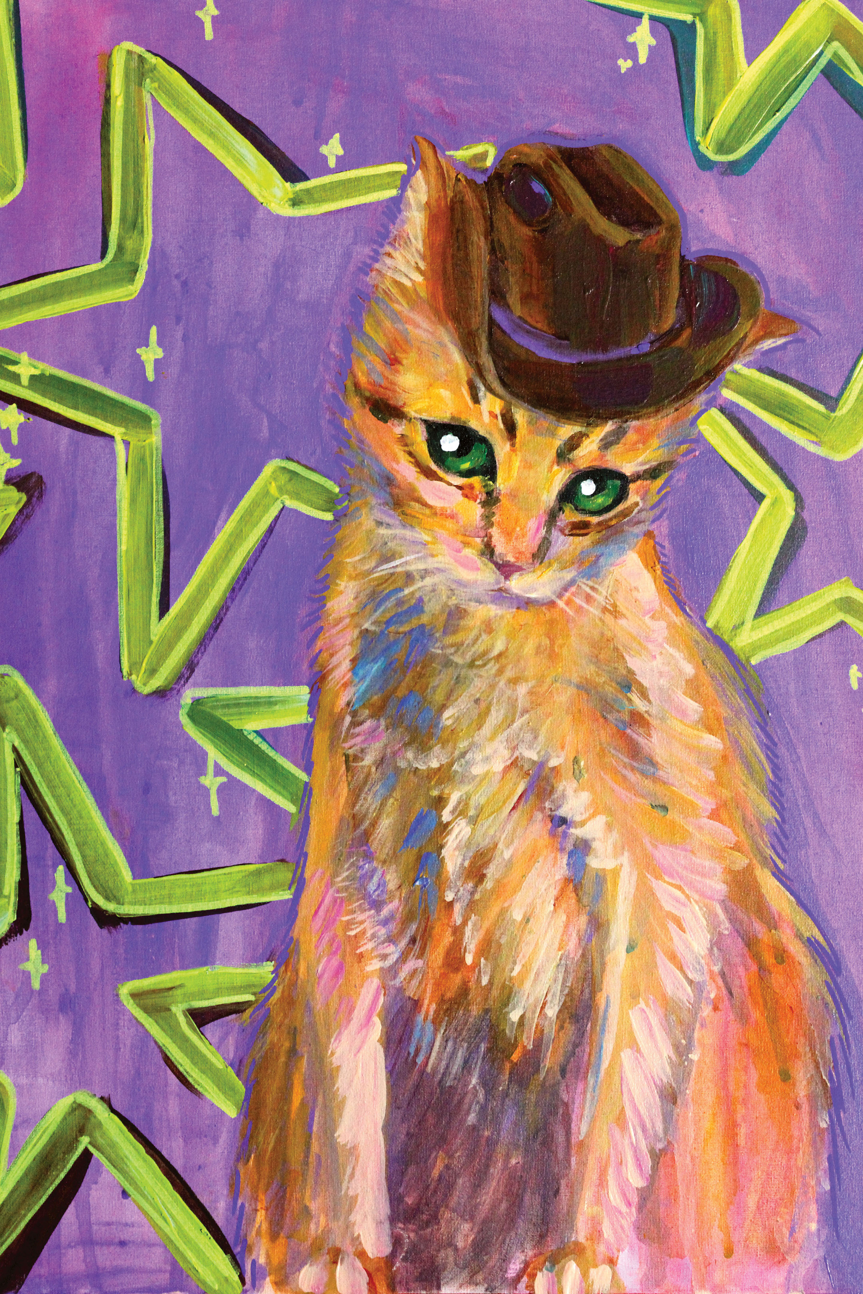 Cowboy Cat - Little orange cowboy kitty painting with a purple background and star motifs., Acrylic