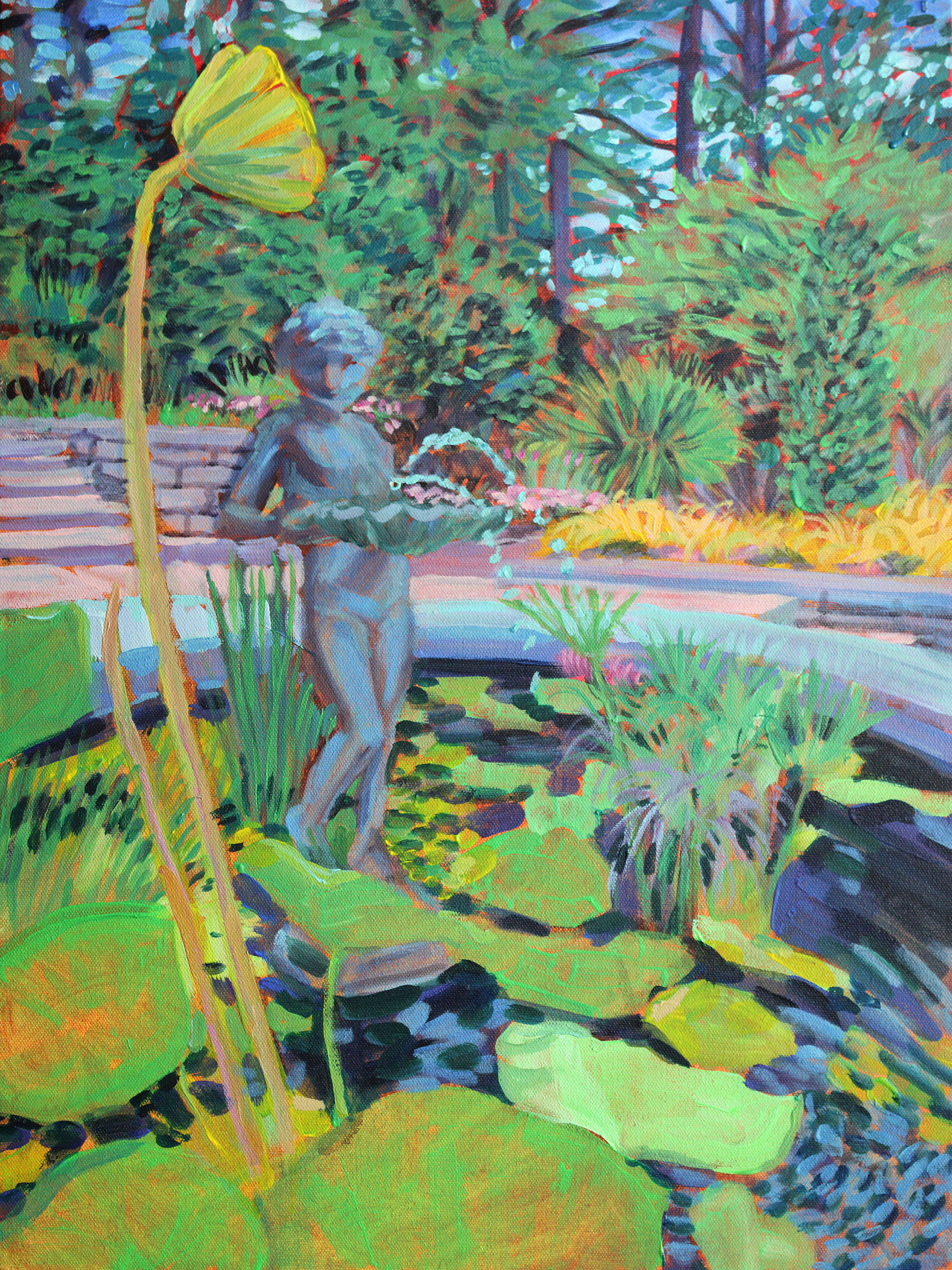 Duke Gardens - Duke gardens fountain with the statue and lillies, Acrylic