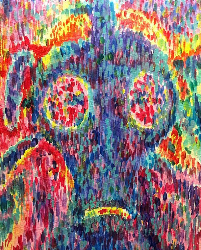 Gas Mask - Pointilist painting of a woman in a gasmask, Acrylic