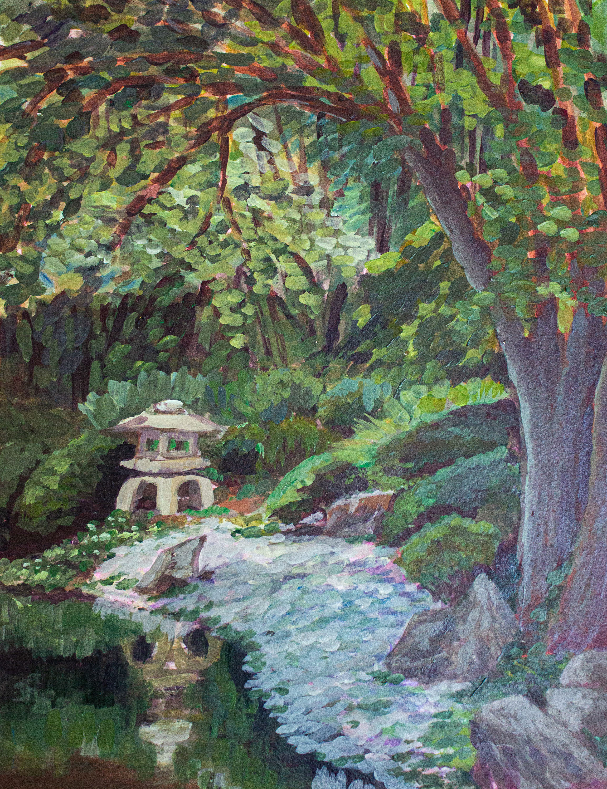 Houston Japanese Garden - Plein air painting of Houston Japanese garden., Acrylic