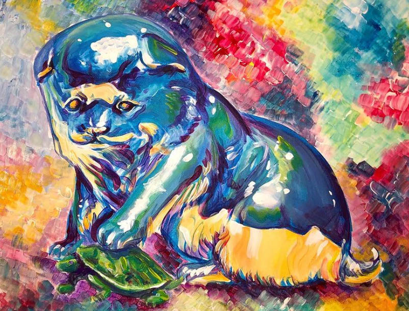 Rainbow Dog - Painting of a statue in a Texas art museum do not know if it was the Houston or Dallas art museum, Acrylic