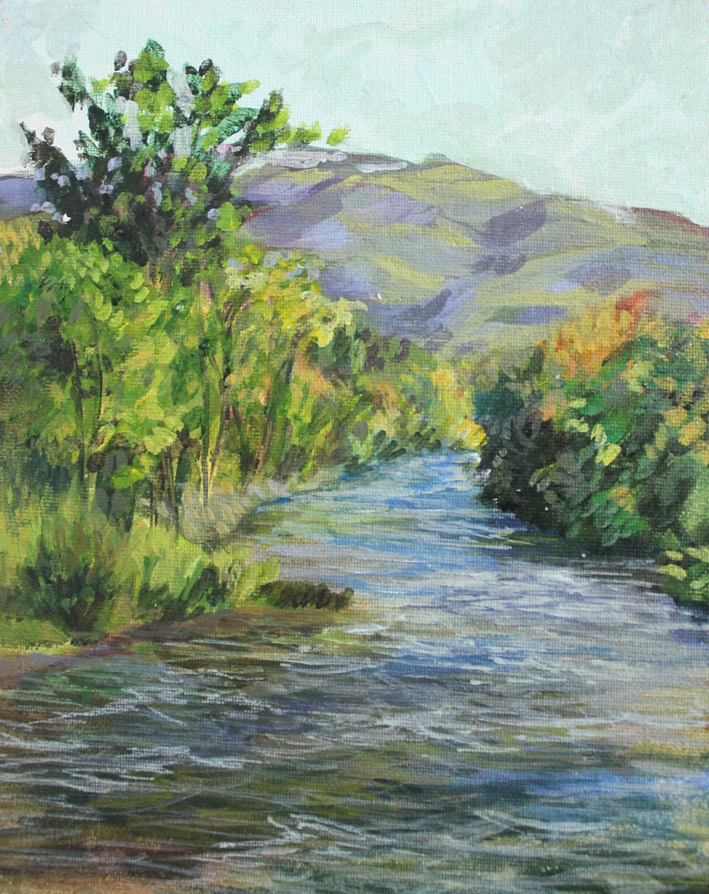 Downton Reno - Plein air painting of a river in downtown Reno, Nevada, Acrylic
