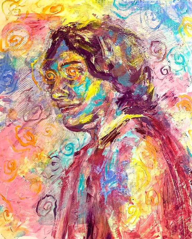 Stewart - Contemporary abstracted portrait featuring heavy textures and bright colors, Acrylic